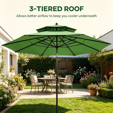 Green 3m Large 3-Tier Roof Garden Parasol, Manual Crank & Tilt Adjustable Outdoor Patio Table Umbrella, Breathable Polyester Canopy for Backyard Lawn Outdoor Leisure (1/5)