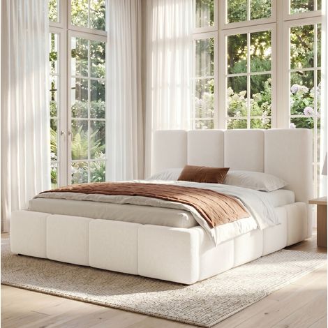 Cama doble tapizada bouclé beige 180x200 cm con cabecero acolchado y somier de láminas