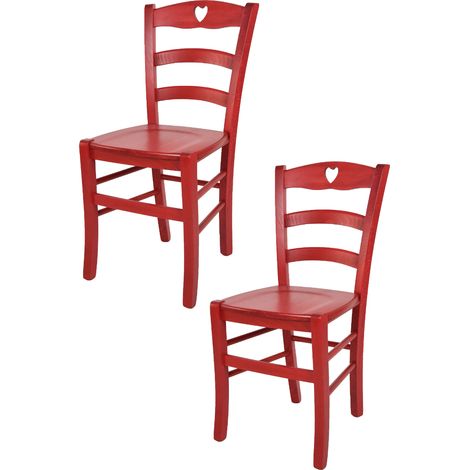 Tommychairs - Set 2 chaises CUORE pour cuisine, bar et salle à manger, robuste structure en bois de hêtre peindré en couleur aniline rouge et assise en bois (1/5)