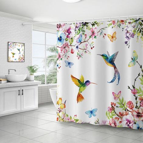 Rideau Douche Colibri Fleur Aquarelle 180x180cm Rose (1/4)