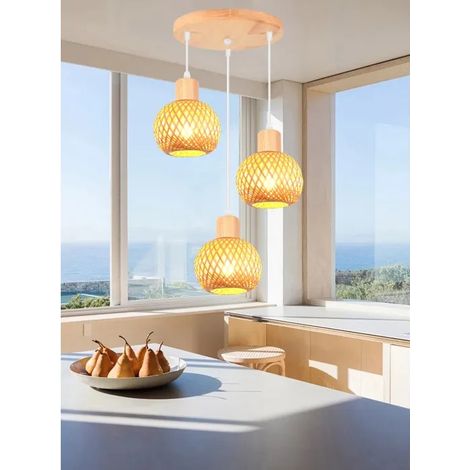 Lampe Suspension Vintage en Bambou et Bois Lustre 13cm Mini Abat-jour à Boule Rotin E27 Plafonnier Style Bohème pour Salon (1/4)