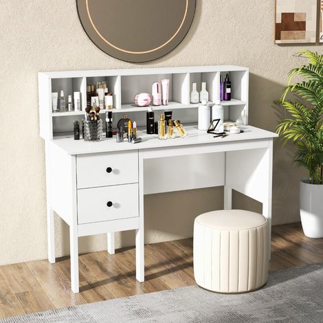 Bureau 120 cm avec Prises de Courant, 5 Compartiments et 2 Tiroirs, Ports USB Blanc CW94427 (1/3)