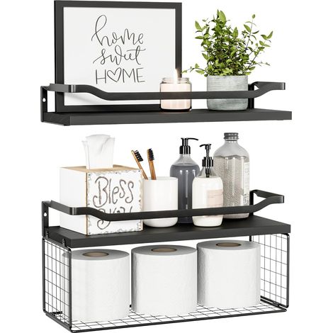 Lot de 2 étagères flottantes de salle de bain, étagères en bois pour salle de bain au-dessus des toilettes avec panier – Étagère flottante rustique avec garde-corps – Noir (1/5)