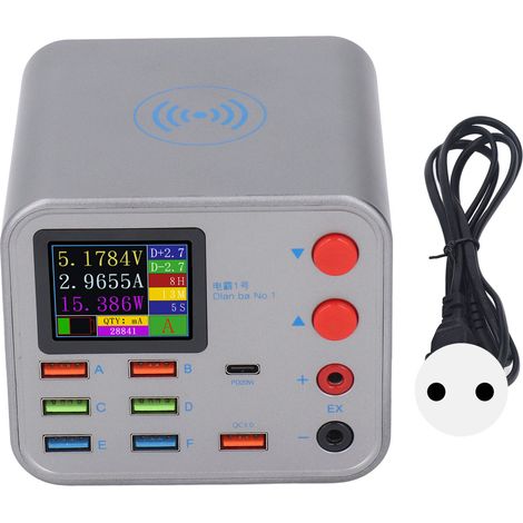 Stazione di ricarica USB 110-220 V, stazione di ricarica multi-USB da 100 W, caricabatterie da parete rapido USB-C QC3.0 a 8 porte con adattatore di ricarica wireless per telefono