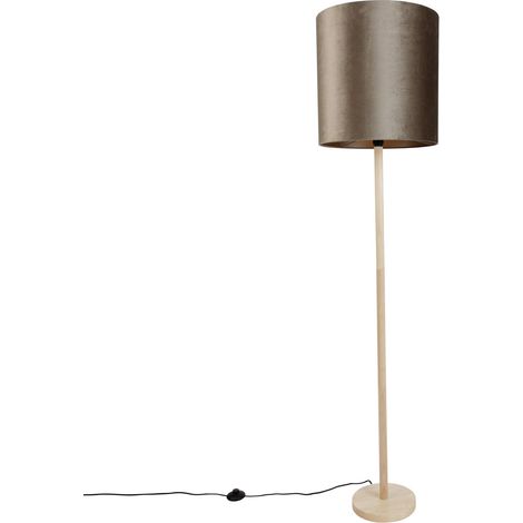 QAZQA Lámpara de pie de madera con pantalla de terciopelo color