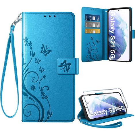 Coque pour Samsung Galaxy S21 5G + 1 Verre Trempé, Retro Design Housse Premium en Cuir PU Pochette de Portefeuille pour Porte Cartes Fonction Stand Flip Etui pour Samsung S21, Bleu (1/5)