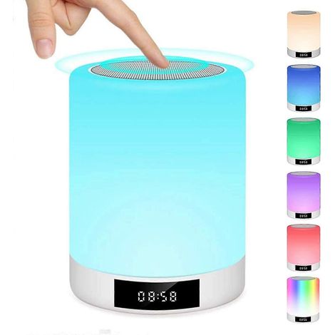 Lampe de chevet tactile rechargeable portable, lampe de table avec haut-parleur Bluetooth, radio-réveil FM, lumière LED multicolore mains libres (1/5)