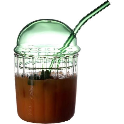 Tasse à thé au lait en verre, tasse à café en verre transparent, gobelet en mousse, verre avec couvercle et paille, vert (1/5)