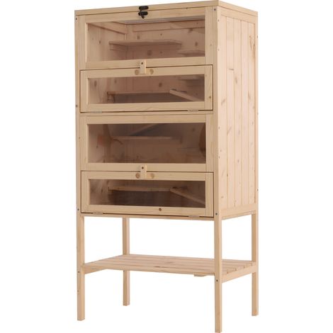 Cage Hamster Rongeurs Cobaye Bois Massif Toit Ouvrant 4 Étages avec Rampe 60x40x120cm