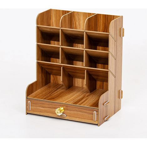 Sollbry Organizador de escritorio de madera con compartimentos y cajón, duradero y con acabado brillante, ideal para guardar artículos de papelería y personales, ideal para el aula y el hogar, Sakurag (1/2)