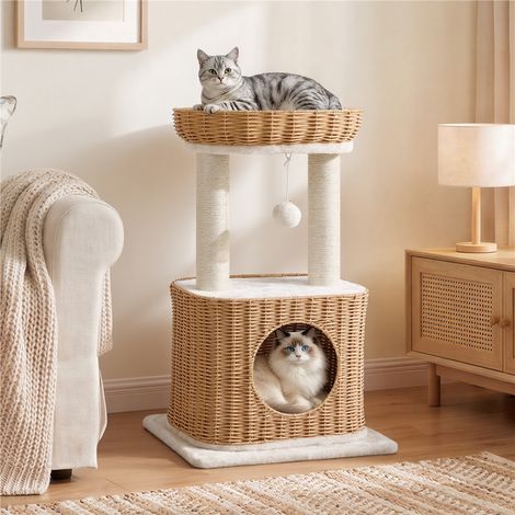 Yaheetech Albero Tiragraffi per Gatti in Rattan con Cuccia, 71,5 cm Beige (1/5)