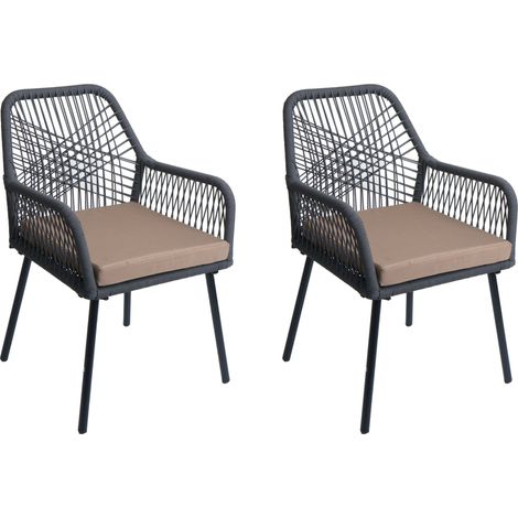 [NEUWERTIG] 2er-Set Gartenstuhl HHG-469, Outdoor Sitzpolster Aluminium Seilgeflecht Rope anthrazit, Bezug taupe