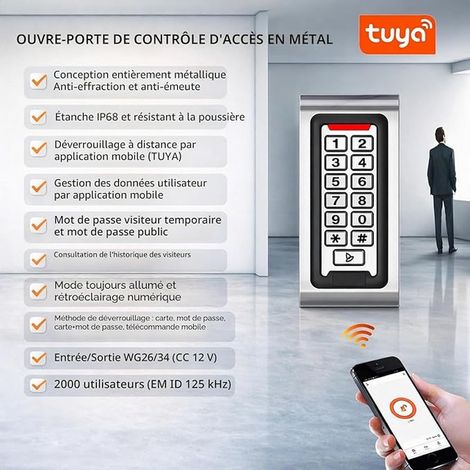 Clavier à Code Métal Rétroéclairé – Contrôle d'Accès RFID 125kHz WG26/34 IP68 – Serrure pour Portail Extérieur, Garage, Bureau (1/2)
