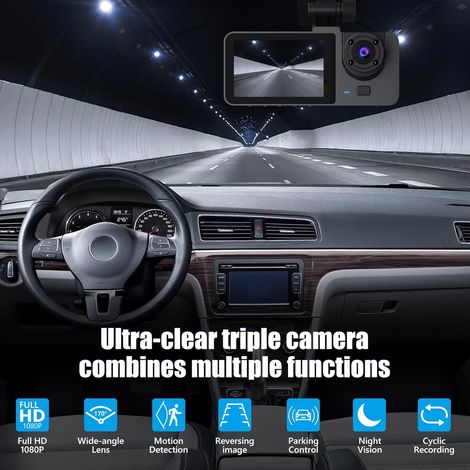 Dashcam 1080P per auto anteriore posteriore interno, con scheda SD da 32 GB, telecamera per auto con monitoraggio del parcheggio, rilevamento del movimento, grandangolo 170°, 3 canali, registrazione i (1/4)