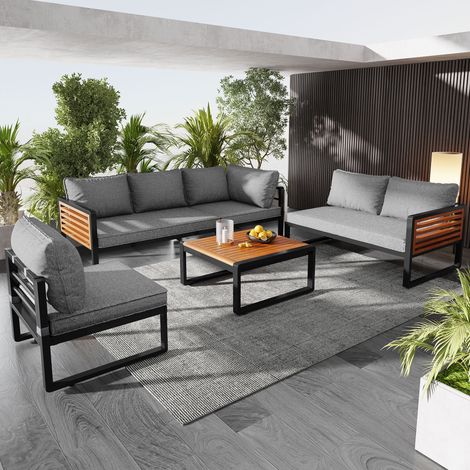 Ensemble de salon de jardin 5-6 personnes, canapé extérieur moderne en fer galvanisé & bois, pour balcon, terrasse et jardin (1/4)