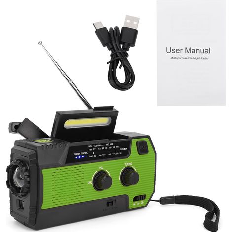 Radio d'urgence à manivelle solaire portable extérieure avec chargement USB et alarme SOS vert - version américaine 4000 mAh (1/5)