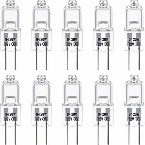 Ensemble de 10 ampoules halogènes G4 de 12V et 20W. Ces ampoules émettent une lumière blanche chaude de 3000K, avec une luminosité de 350 lumens. Elles sont gradables et ont un aspect transparent. (1/5)