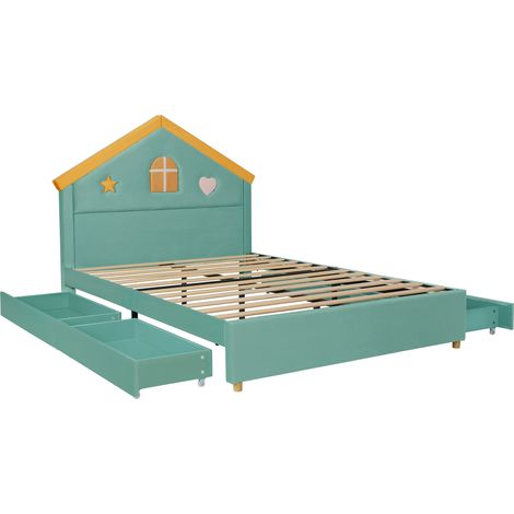 Cama infantil tapizada con forma de casa 140 x 200 cm azul verdoso con 4 cajones (1/5)