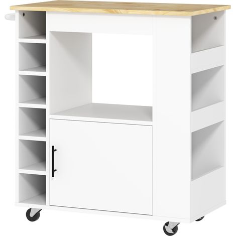 Desserte de cuisine avec plan de travail en caoutchouc, rangements, porte-bouteilles et armoire, roulettes, 83x40x83 cm, chêne (1/5)