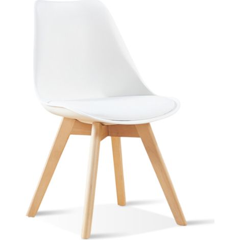 Designetsamaison – Chaise scandinave blanche en plastique renforcé – Pieds en bois naturel – Hauteur d'assise 46 cm – Largeur 49 cm – Profondeur 58 cm