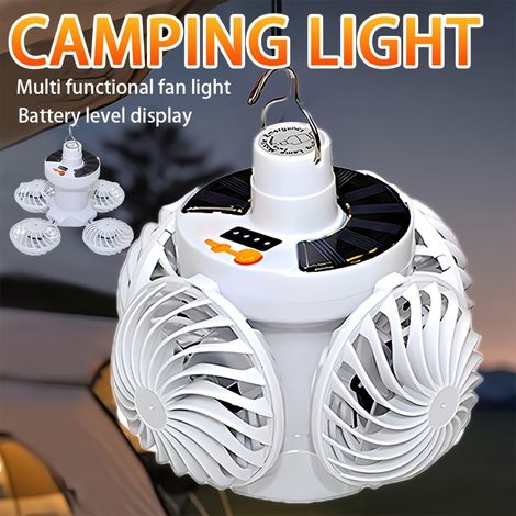 Une lampe de camping solaire avec fonction ventilateur, combinant éclairage et ventilation dans une seule pale. (1/5)