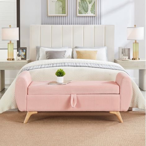 Klappbare Cord-Sitzbank mit Stauraum und Holzbeinen 145 x 51 x 45 cm Rosa OKWISH (1/5)