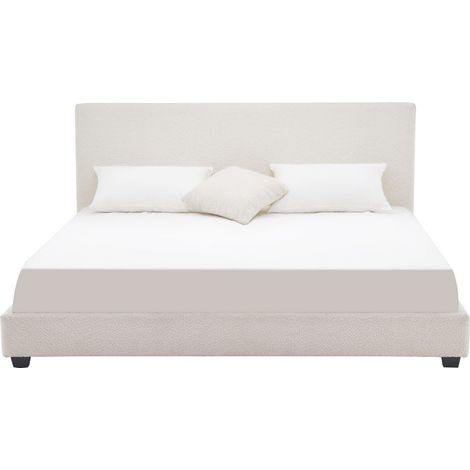 Lit adulte 180x200 cm avec tête de lit capitonnée en tissu bouclé beige - William (1/5)