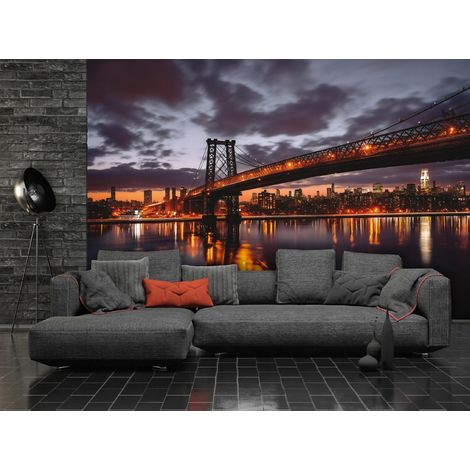Fototapete Brücke Stadt bei Nacht 3D-Optik, für Wohnzimmer und Schlafzimmer, 150 x 105 cm – Komplettset inkl. Kleister & Anleitung (1/5)