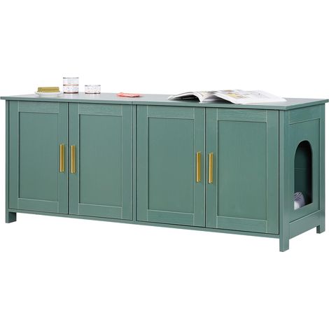 Meuble Bac à Litière Chat Armoire Cache Maison de Toilette de Chat Intérieur, avec 4 Portes et 2 Entrées, Niche Cache-litière en Bois, pour la Plupart Bacs à Litière Chats, 120x45x50 cm, Vert (1/5)