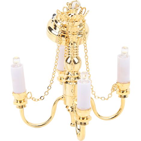 Lustre miniature pour maison de poupée à l'échelle 1/12, à piles, réaliste, 4 têtes, doré. (1/5)