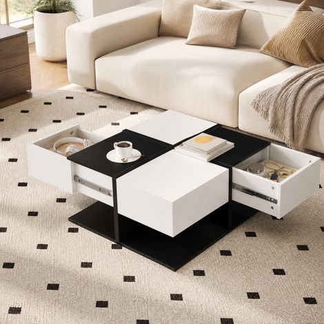Tavolino basso quadrato 70x70x35,5 cm nero e bianco, 2 cassetti, truciolare, MEUBLIV (1/5)