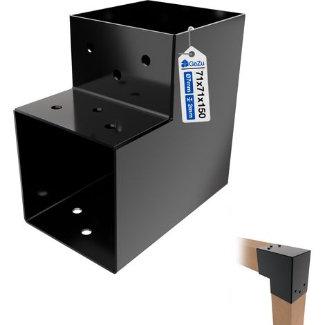 Connecteur de poteau en L 71 x 71 mm – Angle 90° 2D – Revêtement poudre noir – Attache poteaux bois pour charpente et pergola – GeZu Impex