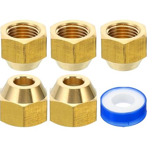 5/16 SAE Brass Flare Nut, 5Pcs 45 Degree Copper Flare Tube Fitting, Brass Pipe Fitting Cap with Adhesive Tape for Water Gas Pipe, Shiny (1/5)