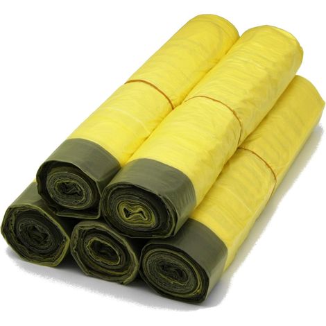Sacs jaunes, 90 l, 15 µ, 13 sacs par rouleau, lot de 5 rouleaux, avec cordon de serrage pratique, sac de recyclage (1/5)
