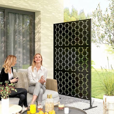 Paravent décoratif d'extérieur en métal à motif géométrique ajouré - 122 x 45 x 198 cm, noir (1/5)