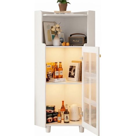 ELVMI Mobile ad Angolo con 1 Vano, 2 Ante in Vetro e LED Gestito da App, per Soggiorno o Bagno, MDF Bianco (1/5)