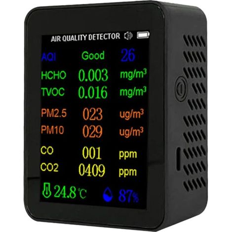 Détecteur de qualité de l'air portable 9 en 1 : mesure PM2.5, PM10, CO, CO2, TVOC, HCHO, AQI, température et humidité, écran couleur, affichage de l'heure (1/4)