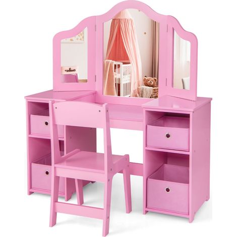 Tavolo da trucco e sedia per bambini 104 x 40 x 117 cm 3 specchi estraibili pratico vano contenitore MDF rosa 200009852