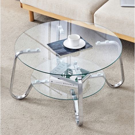 Mesa de centro redonda 80 cm doble nivel en vidrio templado, estructura metálica plateada HAVRYA (1/5)