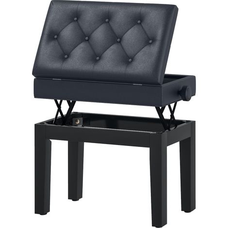 Banc de piano, banc de clavier réglable en hauteur en bois massif, tabouret piano avec compartiment caché, siège rembourré polyuréthane à 10 boutons, stable et antidérapant, charge 200kg, noir (1/5)