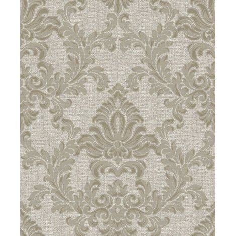 Papier peint baroque médaillon beige fond lin