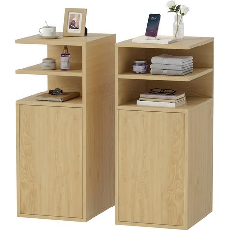 HOMCOM Slim Bedside Table Set of 2 with Open Cubbies and Cupboard, Oak (1/5)