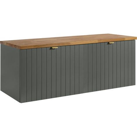 Meuble sous-vasque suspendu HARMO 120 cm avec plan en bois massif Façade rainurée vert semi-mat (1/5)