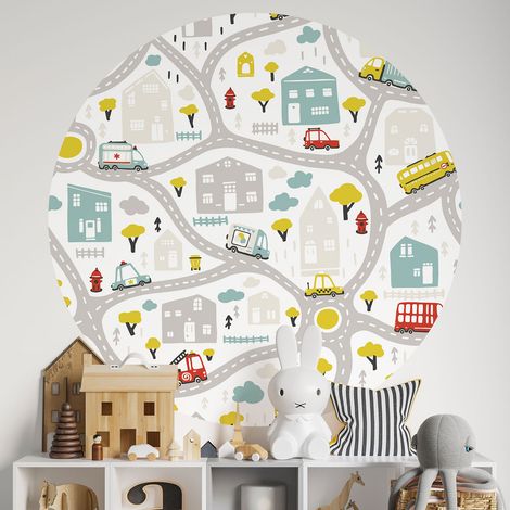 Sticker mural rond / cercle Enfants - Routes - Diamètre 50 cm - Adhésif MAT (1/2)