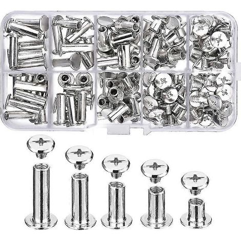80 vis à reliure métalliques de 5 tailles différentes, vis Chicago, rivets à vis pleins en acier inoxydable pour le bricolage, la décoration du cuir, la réparation de reliures, les travaux manuels, et (1/5)