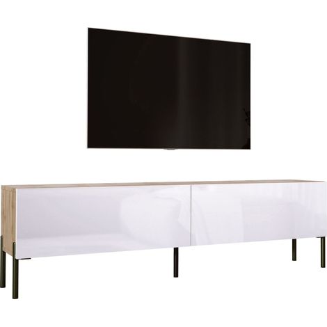 Meuble TV : Chêne Wotan / Noir Mat, pieds dorées, 100 × 52 × 32 cm (1/5)
