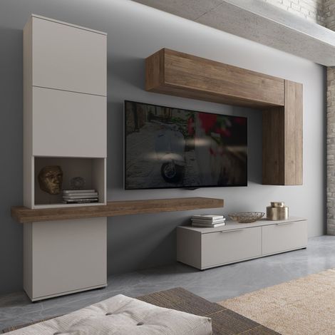 Wandregal Riccia, Modularer Wohnzimmerschrank, 2 Schubladen, 9 Regale, Beige (1/4)