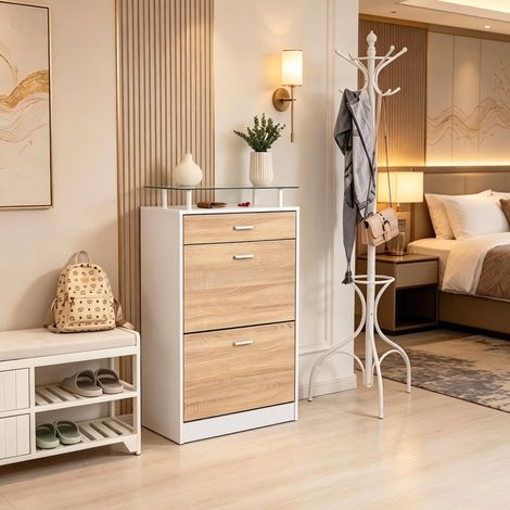 Mueble zapatero 60 x 24 x 105,5 cm blanco y roble claro (1/5)