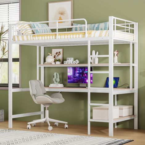 Lit surélevé 90x200 cm avec garde-corps, échelle, bureau, étagères, LED, USB et prise, sans matelas, en métal blanc. (1/5)