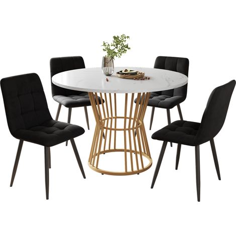 Ensemble repas 5 pièces, table ronde 100 cm et 4 chaises, plateau MDF blanc, piètement métal doré, chaises velours noir, mobilier cuisine moderne. (1/5)